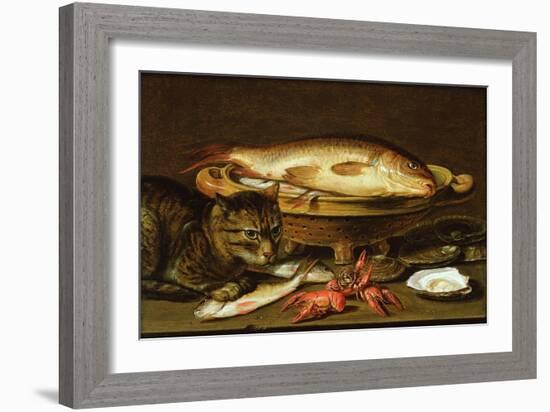 A Still Life with Carp in a Ceramic Colander, Oysters, Crayfish, Roach and a Cat on the Ledge…-Clara Peeters-Framed Premium Giclee Print