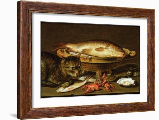 A Still Life with Carp in a Ceramic Colander, Oysters, Crayfish, Roach and a Cat on the Ledge…-Clara Peeters-Framed Premium Giclee Print