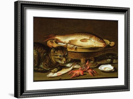 A Still Life with Carp in a Ceramic Colander, Oysters, Crayfish, Roach and a Cat on the Ledge…-Clara Peeters-Framed Premium Giclee Print
