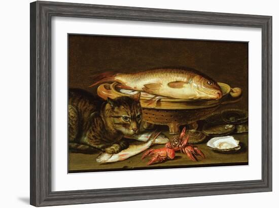 A Still Life with Carp in a Ceramic Colander, Oysters, Crayfish, Roach and a Cat on the Ledge…-Clara Peeters-Framed Giclee Print