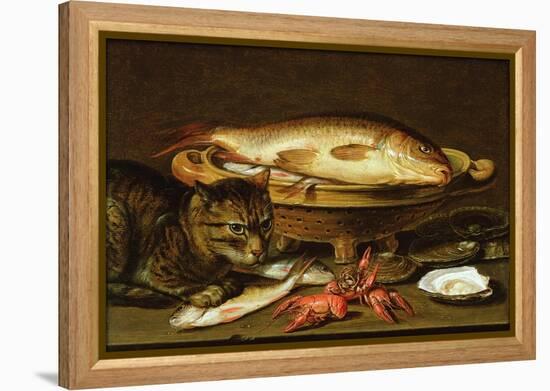 A Still Life with Carp in a Ceramic Colander, Oysters, Crayfish, Roach and a Cat on the Ledge…-Clara Peeters-Framed Premier Image Canvas