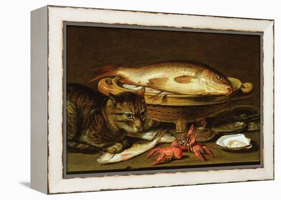 A Still Life with Carp in a Ceramic Colander, Oysters, Crayfish, Roach and a Cat on the Ledge…-Clara Peeters-Framed Premier Image Canvas