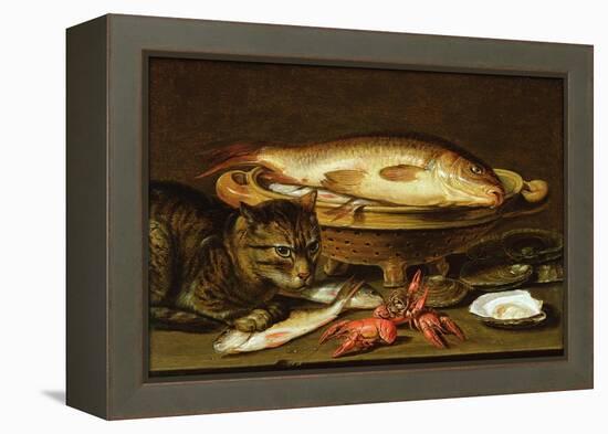 A Still Life with Carp in a Ceramic Colander, Oysters, Crayfish, Roach and a Cat on the Ledge…-Clara Peeters-Framed Premier Image Canvas