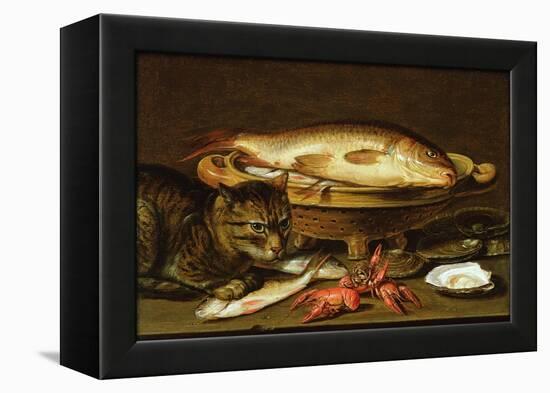 A Still Life with Carp in a Ceramic Colander, Oysters, Crayfish, Roach and a Cat on the Ledge…-Clara Peeters-Framed Premier Image Canvas