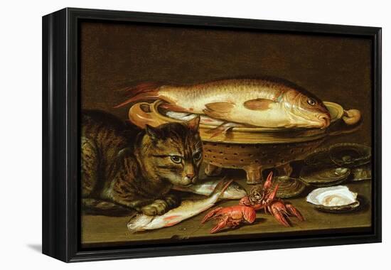 A Still Life with Carp in a Ceramic Colander, Oysters, Crayfish, Roach and a Cat on the Ledge…-Clara Peeters-Framed Premier Image Canvas