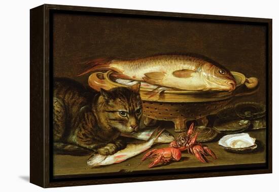 A Still Life with Carp in a Ceramic Colander, Oysters, Crayfish, Roach and a Cat on the Ledge…-Clara Peeters-Framed Premier Image Canvas