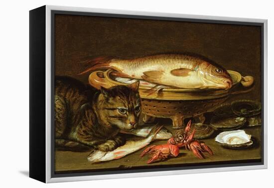 A Still Life with Carp in a Ceramic Colander, Oysters, Crayfish, Roach and a Cat on the Ledge…-Clara Peeters-Framed Premier Image Canvas