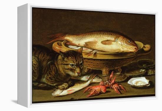 A Still Life with Carp in a Ceramic Colander, Oysters, Crayfish, Roach and a Cat on the Ledge…-Clara Peeters-Framed Premier Image Canvas