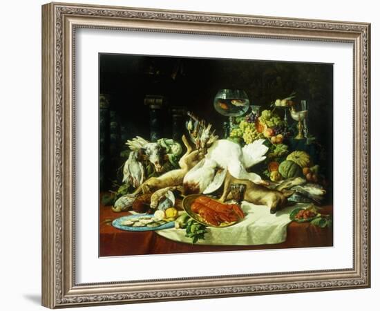 A Still Life with Fruit, Fish, Game and a Goldfish Bowl-Lucas Schaefels-Framed Giclee Print