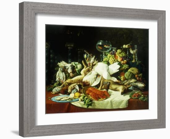 A Still Life with Fruit, Fish, Game and a Goldfish Bowl-Lucas Schaefels-Framed Giclee Print