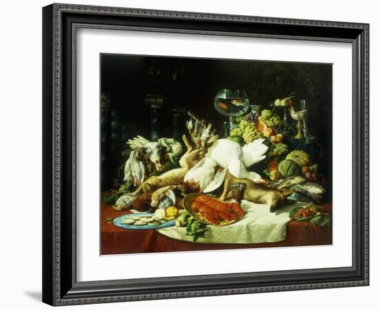 A Still Life with Fruit, Fish, Game and a Goldfish Bowl-Lucas Schaefels-Framed Giclee Print