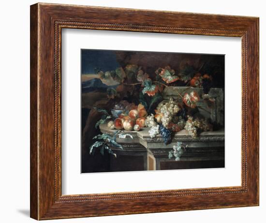 A Still Life with Grapes and Peaches on a Stone Ledge in a Landscape-Arnold Boonen-Framed Premium Giclee Print