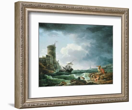 A Storm with Shipwreck by a Fortress, a Castaway in the Foreground, 1769 (Oil on Canvas)-Claude Joseph Vernet-Framed Giclee Print