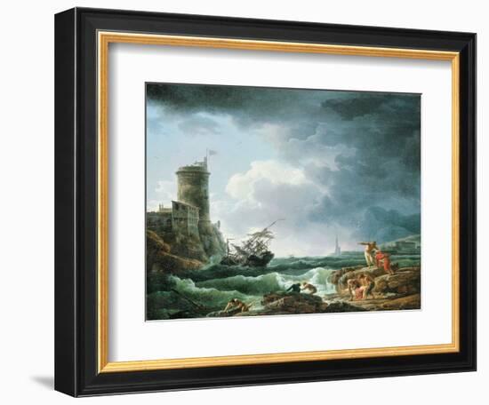 A Storm with Shipwreck by a Fortress, a Castaway in the Foreground, 1769 (Oil on Canvas)-Claude Joseph Vernet-Framed Giclee Print