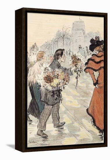 A Street Scene with Flower Vendors-Théophile Alexandre Steinlen-Framed Premier Image Canvas