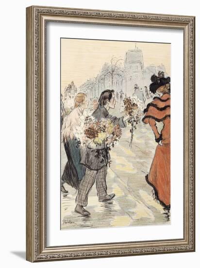 A Street Scene with Flower Vendors-Théophile Alexandre Steinlen-Framed Giclee Print