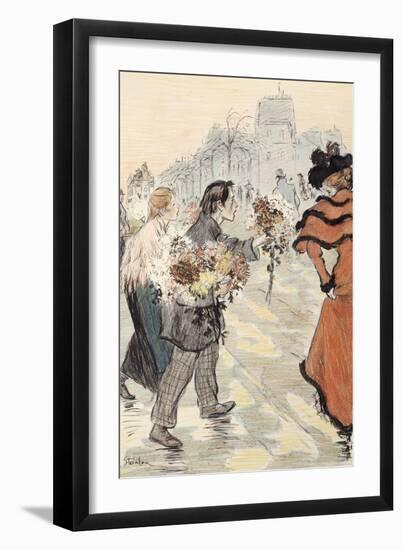 A Street Scene with Flower Vendors-Théophile Alexandre Steinlen-Framed Giclee Print