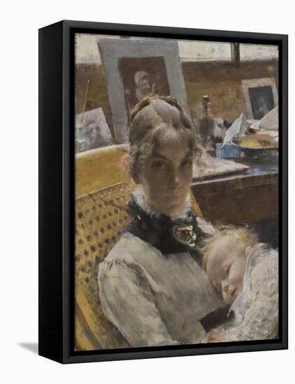 A Studio Idyll: The Artist's Wife and their Daughter Suzanne, 1885-Carl Larsson-Framed Premier Image Canvas
