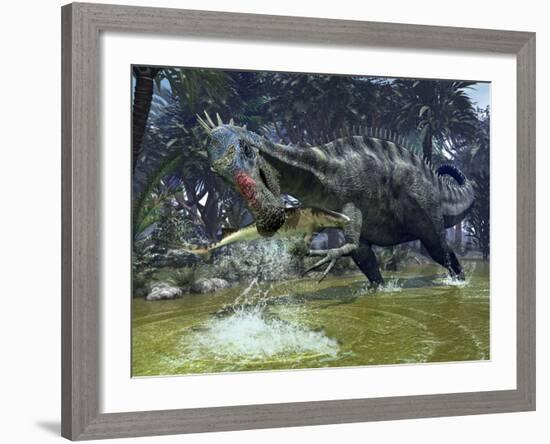 A Suchomimus Snags a Shark from a Lush Estuary-Stocktrek Images-Framed Photographic Print