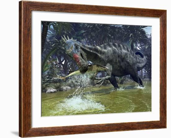 A Suchomimus Snags a Shark from a Lush Estuary-Stocktrek Images-Framed Photographic Print