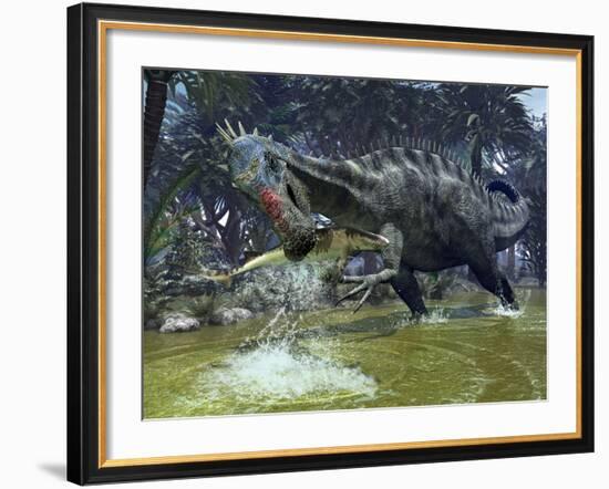 A Suchomimus Snags a Shark from a Lush Estuary-Stocktrek Images-Framed Photographic Print