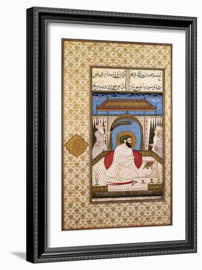 A Sufi Ruler Nimbate Reading a Qur'An on a Terrace, C. 1700 (Watercolor, Gold, and Ink on Paper)-null-Framed Giclee Print