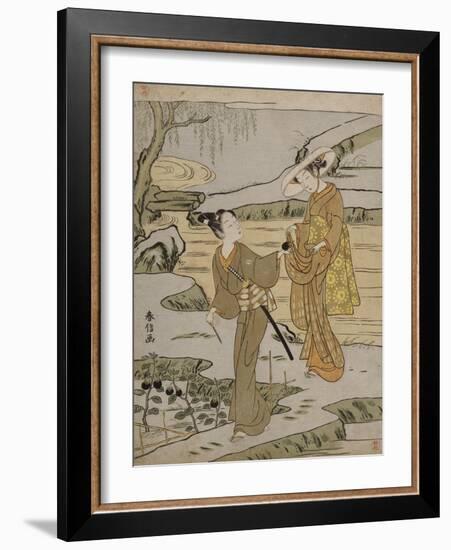 A Summer Scene on a Raised Embankment of a Young Man Cutting an Aubergine to Give to His Young…-Suzuki Harunobu-Framed Giclee Print