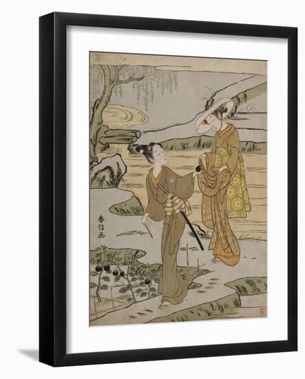 A Summer Scene on a Raised Embankment of a Young Man Cutting an Aubergine to Give to His Young…-Suzuki Harunobu-Framed Giclee Print