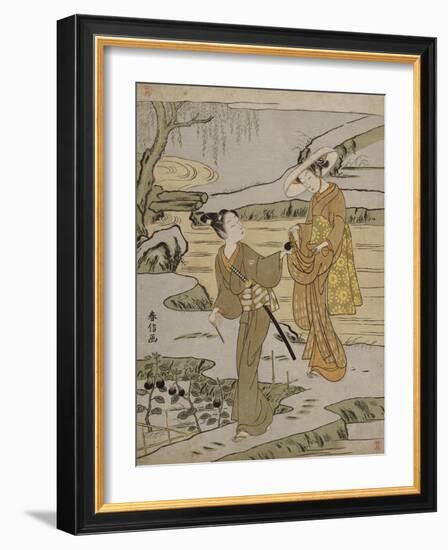 A Summer Scene on a Raised Embankment of a Young Man Cutting an Aubergine to Give to His Young…-Suzuki Harunobu-Framed Giclee Print