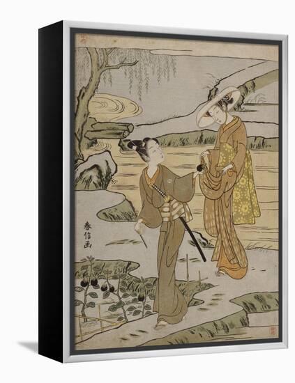 A Summer Scene on a Raised Embankment of a Young Man Cutting an Aubergine to Give to His Young…-Suzuki Harunobu-Framed Premier Image Canvas