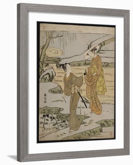 A Summer Scene on a Raised Embankment of a Young Man Cutting an Aubergine-Suzuki Harunobu-Framed Giclee Print