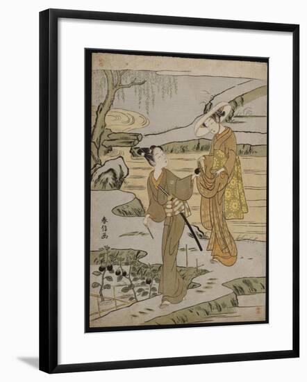 A Summer Scene on a Raised Embankment of a Young Man Cutting an Aubergine-Suzuki Harunobu-Framed Giclee Print