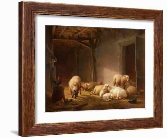 A Sunlit Barn with Ewes, Lambs and Chickens-Eugene Joseph Verboeckhoven-Framed Giclee Print