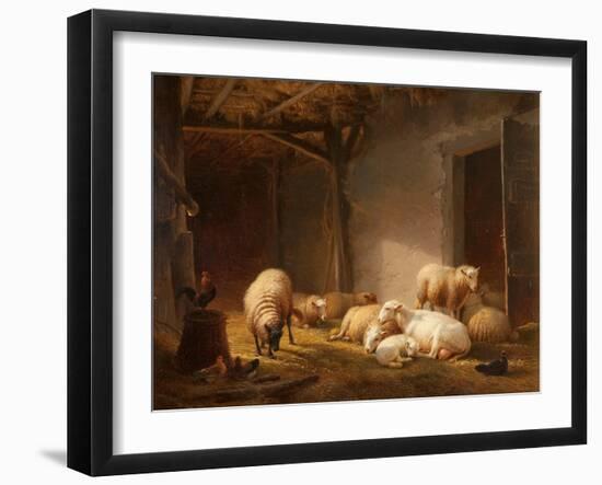 A Sunlit Barn with Ewes, Lambs and Chickens-Eugene Joseph Verboeckhoven-Framed Giclee Print