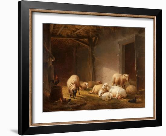 A Sunlit Barn with Ewes, Lambs and Chickens-Eugene Joseph Verboeckhoven-Framed Giclee Print