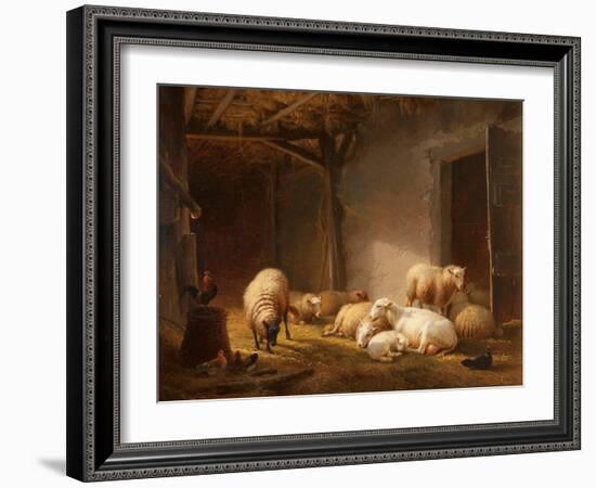 A Sunlit Barn with Ewes, Lambs and Chickens-Eugene Joseph Verboeckhoven-Framed Giclee Print