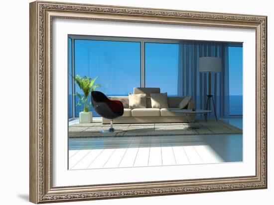 A Sunny Living Room with Large Windows-PlusONE-Framed Photographic Print