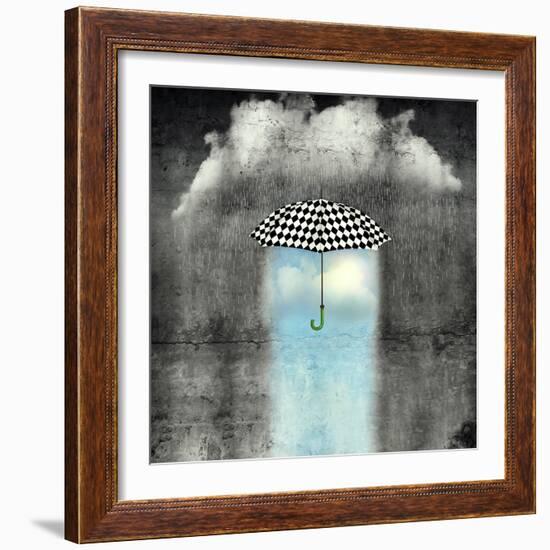 A Surreal Image of an Umbrella Checkered Black and White, Where below it There is Good Weather and-Valentina Photos-Framed Photographic Print