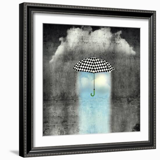 A Surreal Image of an Umbrella Checkered Black and White, Where below it There is Good Weather and-Valentina Photos-Framed Photographic Print