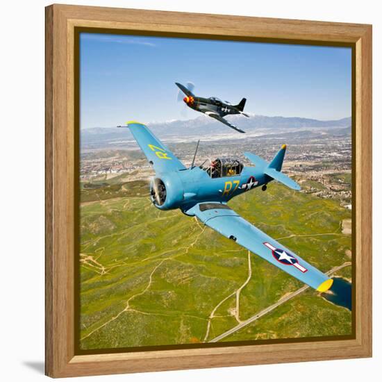 A T-6 Texan and P-51D Mustang in Flight over Chino, California-null-Framed Premier Image Canvas