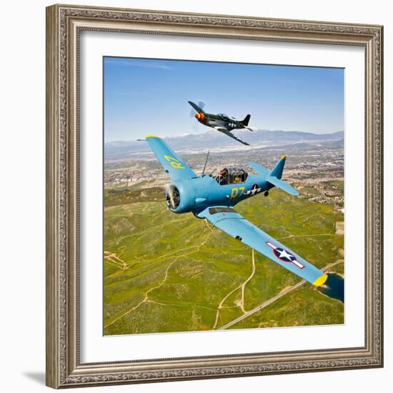 A T-6 Texan and P-51D Mustang in Flight over Chino, California-null-Framed Photographic Print