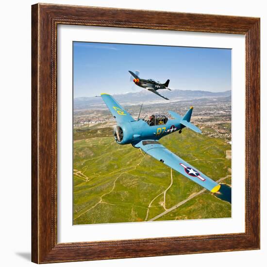 A T-6 Texan and P-51D Mustang in Flight over Chino, California-null-Framed Photographic Print