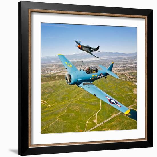 A T-6 Texan and P-51D Mustang in Flight over Chino, California-null-Framed Photographic Print