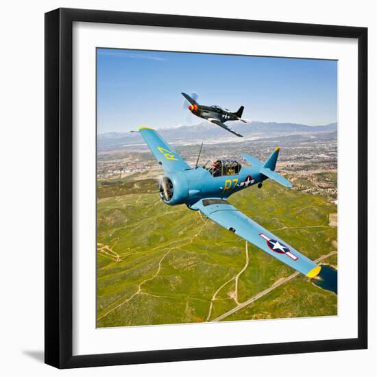 A T-6 Texan and P-51D Mustang in Flight over Chino, California-null-Framed Photographic Print