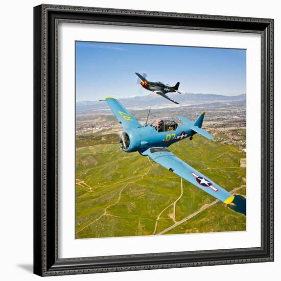 A T-6 Texan and P-51D Mustang in Flight over Chino, California-null-Framed Photographic Print