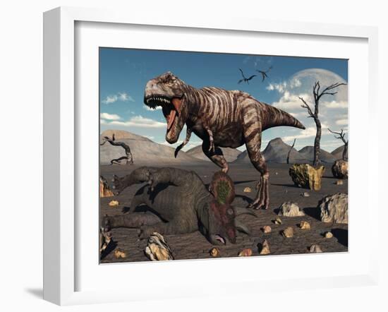 A T. Rex Is About to Make a Meal of a Dead Triceratops-Stocktrek Images-Framed Photographic Print