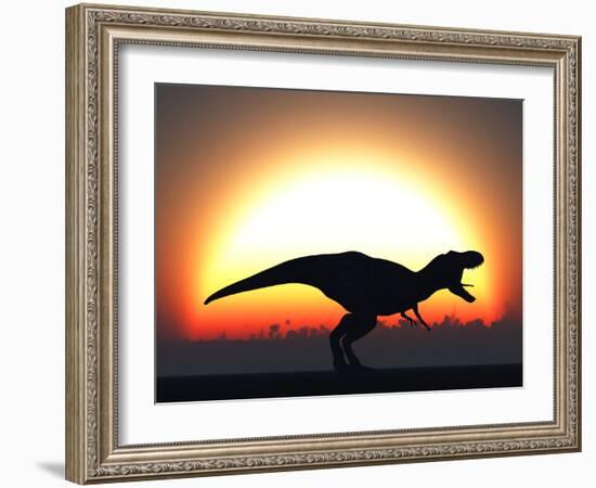 A T. Rex Silhouetted Against the Setting Sun at the End of a Prehistoric Day-Stocktrek Images-Framed Photographic Print