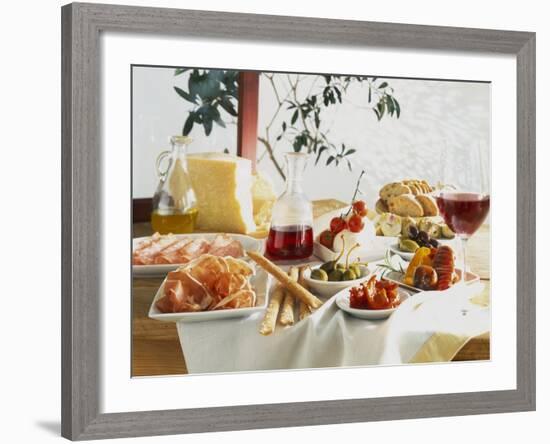 A Table Laid with Antipasti and Red Wine-Ulrike Koeb-Framed Photographic Print