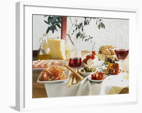 A Table Laid with Antipasti and Red Wine-Ulrike Koeb-Framed Photographic Print