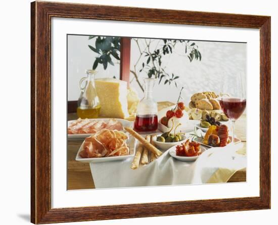 A Table Laid with Antipasti and Red Wine-Ulrike Koeb-Framed Photographic Print